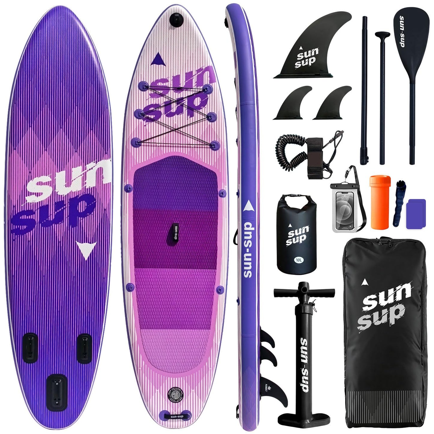 SUN-SUP 10.6ft Inflatable Stand Up Paddle Board, 450 lbs Capacity SUP with Complete Accessories - Paddle, Pump, Backpack, Leash & Fins for All Skill Levels