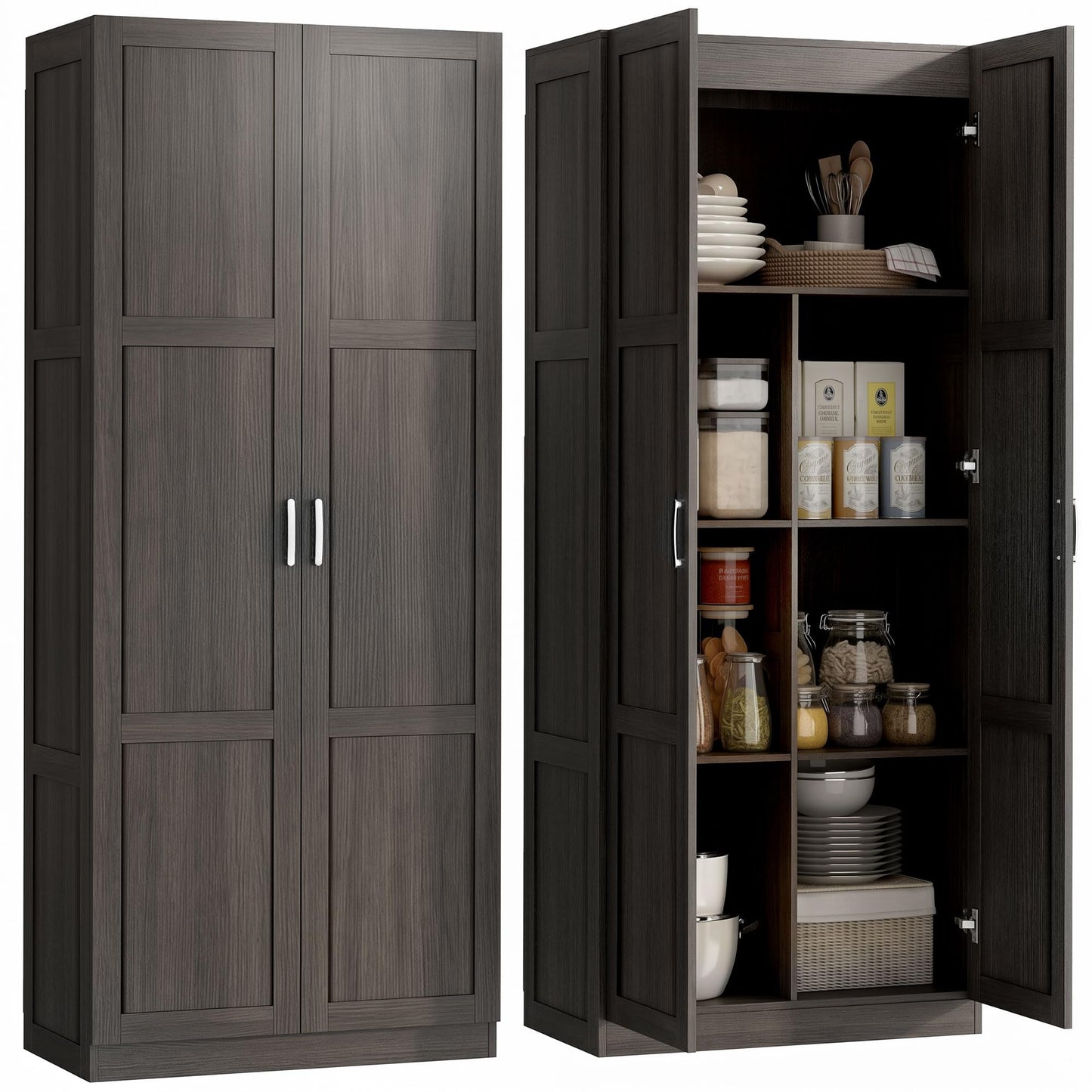 HOMCOM 71" Tall Kitchen Pantry Cabinet, Large Multipurpose Storage Cabinet with 4 Adjustable Shelves, Modern Farmhouse Freestanding Food Pantry with Framed Doors & Soft-Close Hinges, Espresso