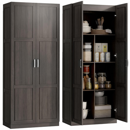 HOMCOM 71" Tall Kitchen Pantry Cabinet, Large Multipurpose Storage Cabinet with 4 Adjustable Shelves, Modern Farmhouse Freestanding Food Pantry with Framed Doors & Soft-Close Hinges, Espresso