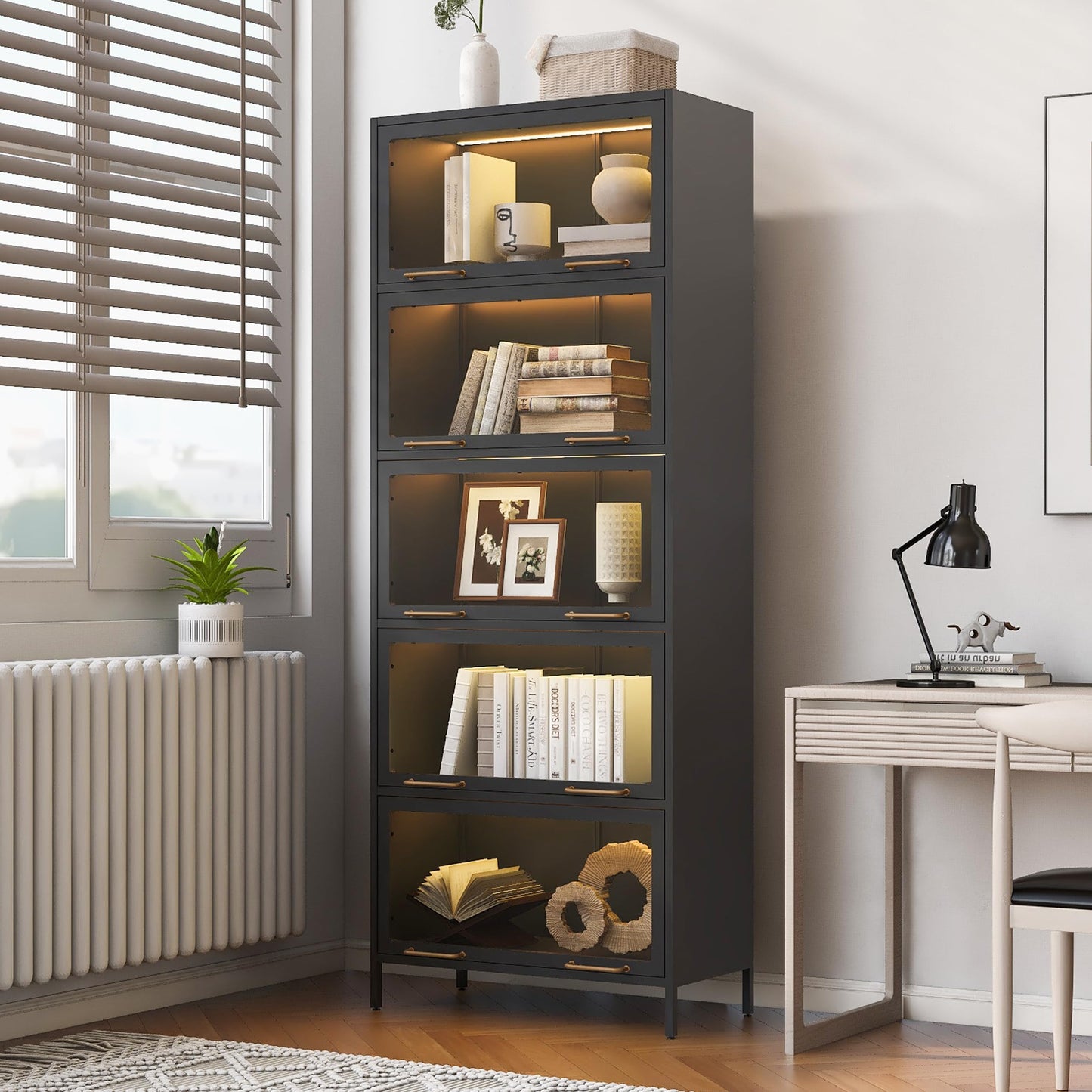 Merax 76.75'' Black Steel 5 Shelf Bookcase with Dustproof Glass Doors, Tall Iron Collection Books Display Cabinet with LED Lights, Modern Curio Bookshelf for Living Room, Home Office, Studio
