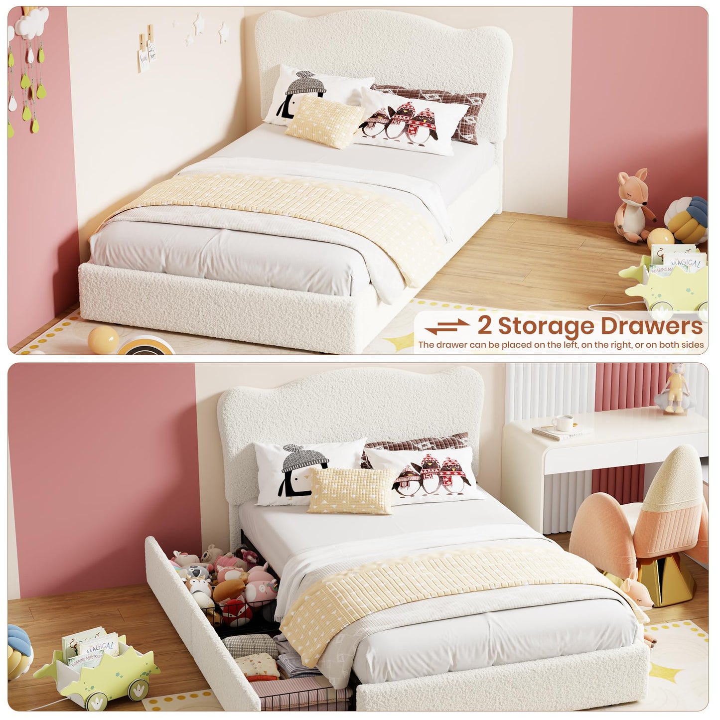 Garvee Upholstered Full Size Bed Frame for Kids with 2 Drawers, Velvet Twin Bed for Girls, Boys, Sturdy Platform Bed, No Box Spring Needed, Noise Free, Beige