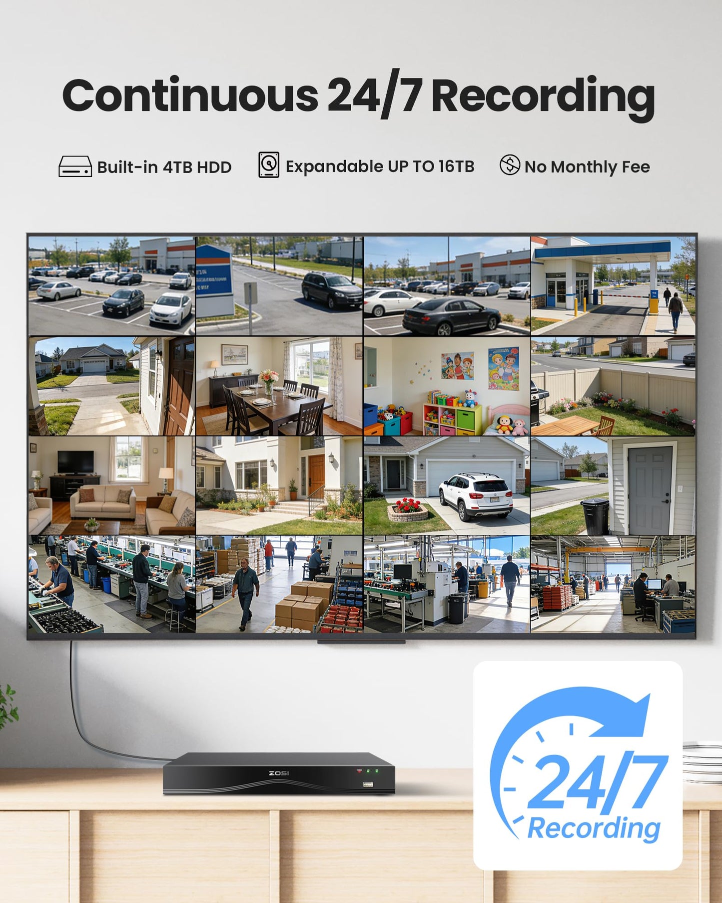 ZOSI 4K 16CH PoE Security Camera System, 16 x 8MP PoE IP Camera Outdoor Indoor with Human Detection, 100ft IR Night Vision, IP66 Weatherproof, 4K 16CH H.265+ NVR with 4TB HDD for 24/7 Audio Recording