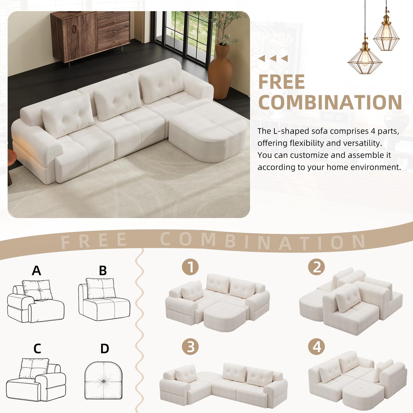 112" Compressed Boneless Sectional Sofa with Movable Ottoman Convertible L Shaped Modular Corner Couch for Living Room - Oversized Cloud Couches W/Tufted Cushions and Deep Seat