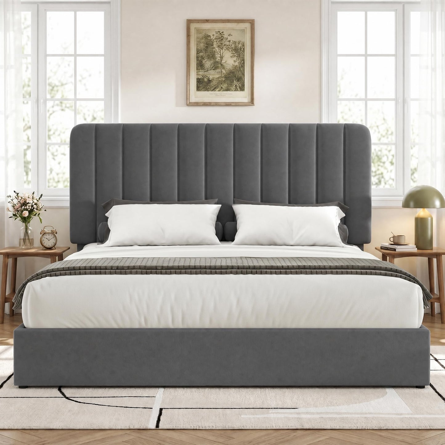 VECELO Queen Size Upholstered Bed Frame with 4 Drawers and Headboard, Velvet Platform Storage Bedframe, Wooden Slats Support, No Box Spring Needed,Dark Grey