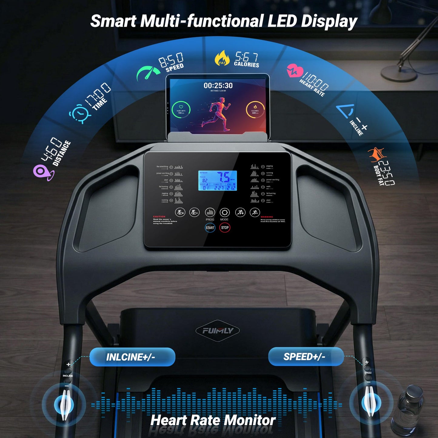 FUNMILY Treadmills for Home, 4.5HP Heavy Duty Treadmill with 0–20% Auto Incline, Quiet Portable Folding Treadmill 400 lb Capacity, 12 Programs& Heart Rate & Body-Fat Measurement