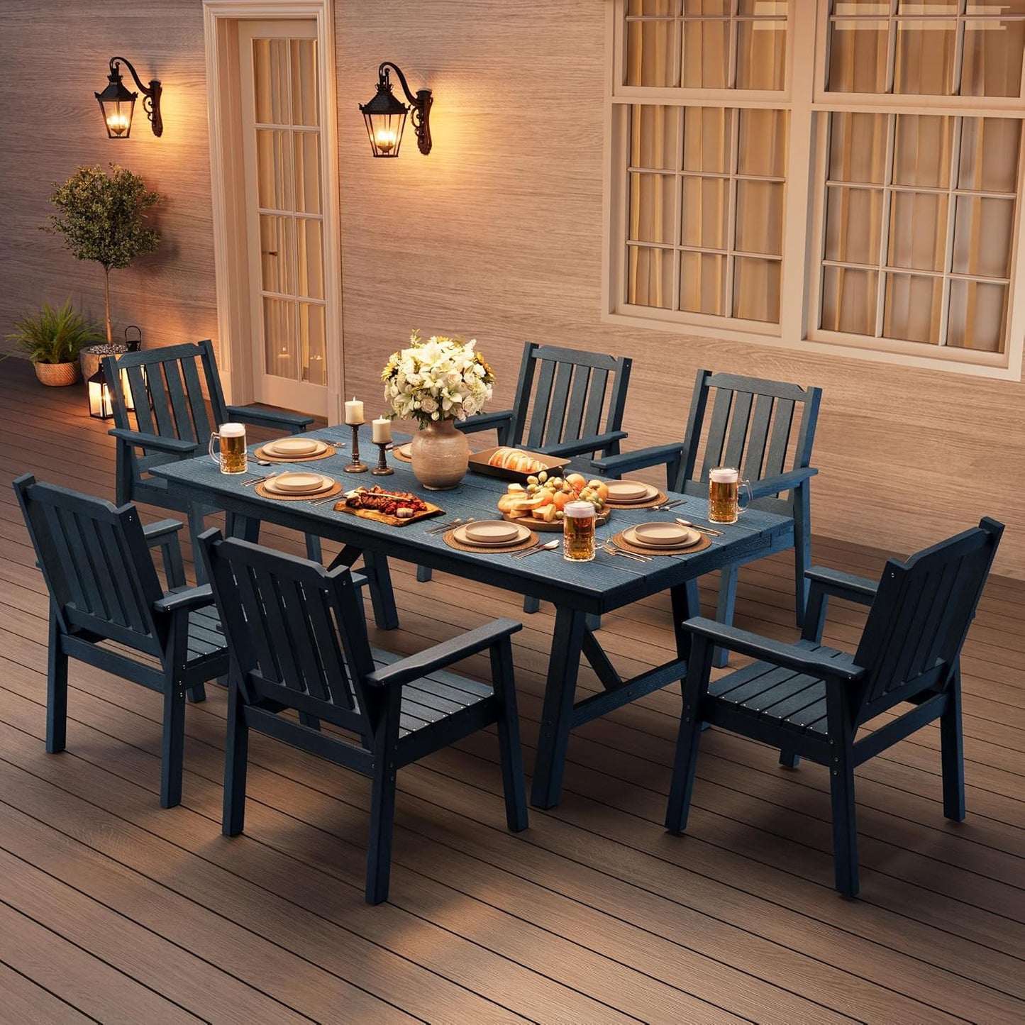 Outdoor Dining Chairs Set of 4, HDPE Patio Chairs 650LBS Capacity All-Weather Yard Armchair with Slatted Seat, 23.9" Wide Heavy Duty Modern Backyard Furniture for Garden, Poolside, Deck (Navy Blue)