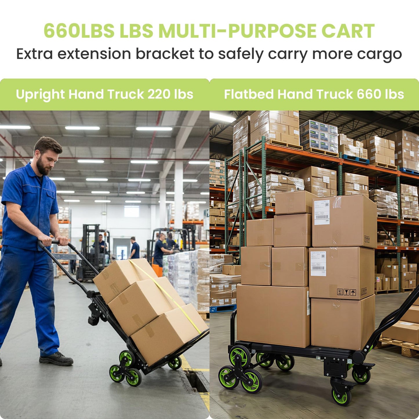 Upgraded 3 in 1 Convertible Folding Hand Truck with Brakes, Hand Truck Dolly Heavy Duty 660lbs Capacity, Stair Climbing Cart with Adjustable Shovel Board and Fixed Handle for Moving