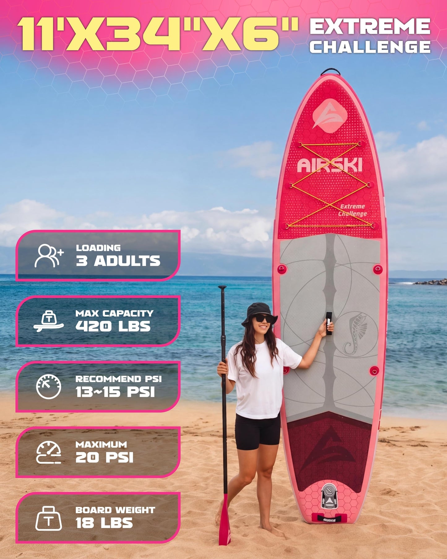 Airski 11'x34'' Extra Wide Inflatable Paddle Board, Stand-up Paddleboard for Adults, 420lb Capacity, Anti-Slip EVA, Stand-up Paddle Board for Yoga/Fishing/Family, US Fin, High-Pressure Pump, 100L Bag
