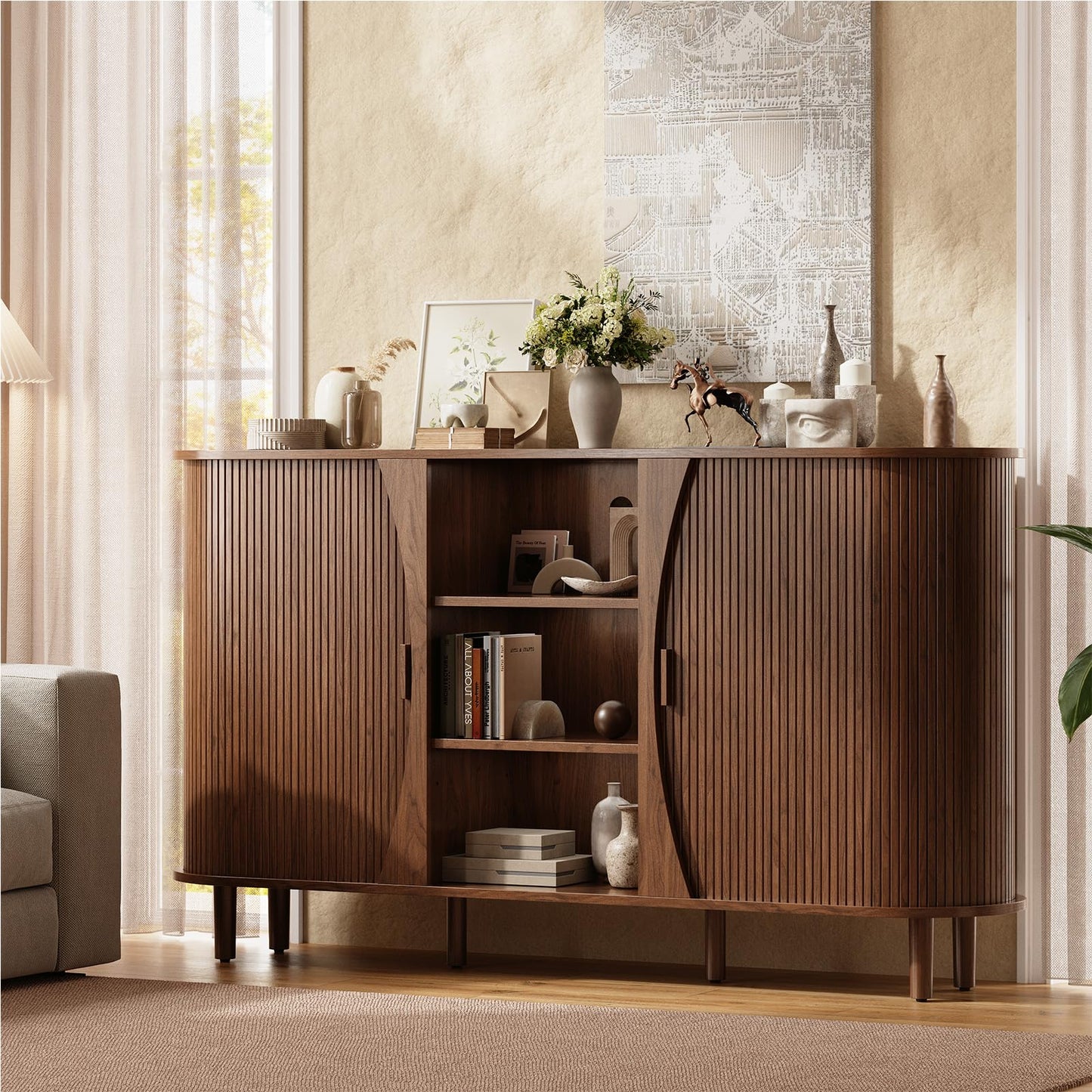 ONBRILL 59" Curved Buffet Cabinet with Storage, Sideboard Cabinet with Adjustable Shelves, Mid-Century Modern Buffet Cabinet with Sliding Doors and 6 Wood Legs, Storage Cabinet for Living Room, Walnut