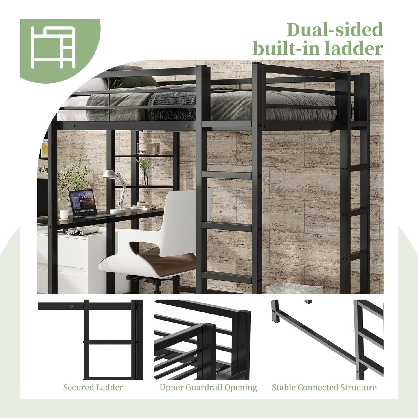Full Size Metal Loft Bed with Desk and Storage Shelves, Black Loft Bed Frame for Teens Boys Girls, Space-Saving High Loft Bed with 13.8" Safety Guardrail & 350 lbs Capacity, No Box Spring Needed