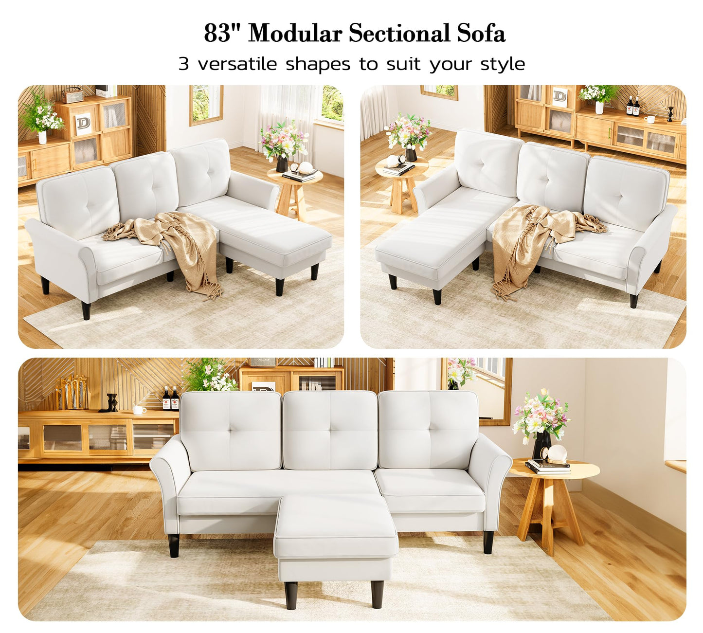 Small Sectional Couch, 83" L Shaped Couch, Comfy Velvet Couches for Living Room, Tool-Free Setup Modular Sectional Sofa, 850lbs Load Sofas for Living Room with 1 Movable Ottoman, White Couch
