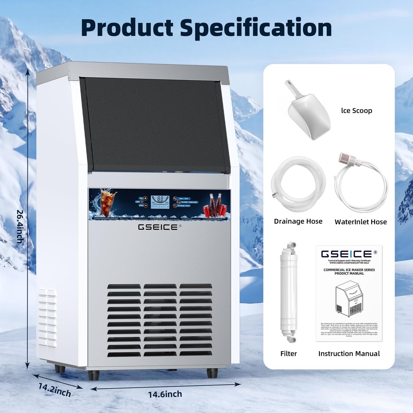 Ice Maker Machine, 100 lbs/24h with 20 lbs Storage, 40 Ice Cubes/15 Mins, ETL FCC, Freestanding Ice Maker with LED Display, 24H Timer, Smart Reminder, Self-Cleaning, for Home Bar Restaurant