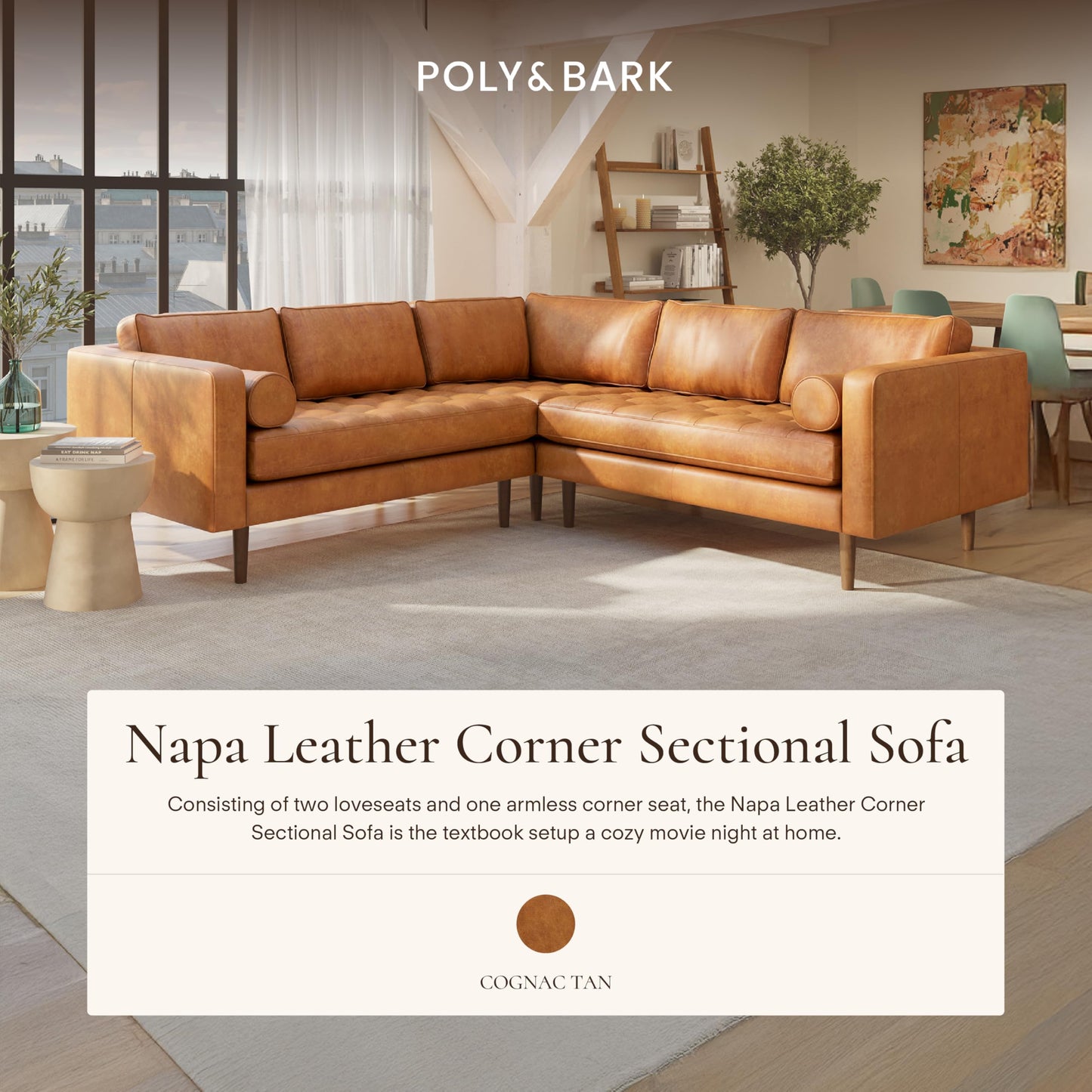 Poly & BARK Napa 98” Leather Corner Sectional Sofa – Full-Grain Italian-Tanned Aniline Leather, Feather-Down Comfort, Solid Wood Frame – Cognac Tan