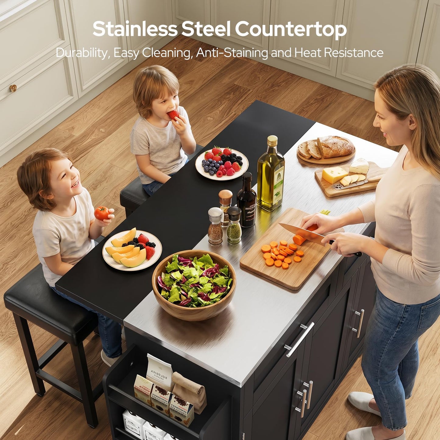 Concho 56'' Rolling Kitchen Island with Seating and Stainless Steel Countertop, Mobile Kitchen Carts with Folding Drop Leaf, 2 Bar Stools, Power Outlet, Spice/Towel Rack, Zest Black