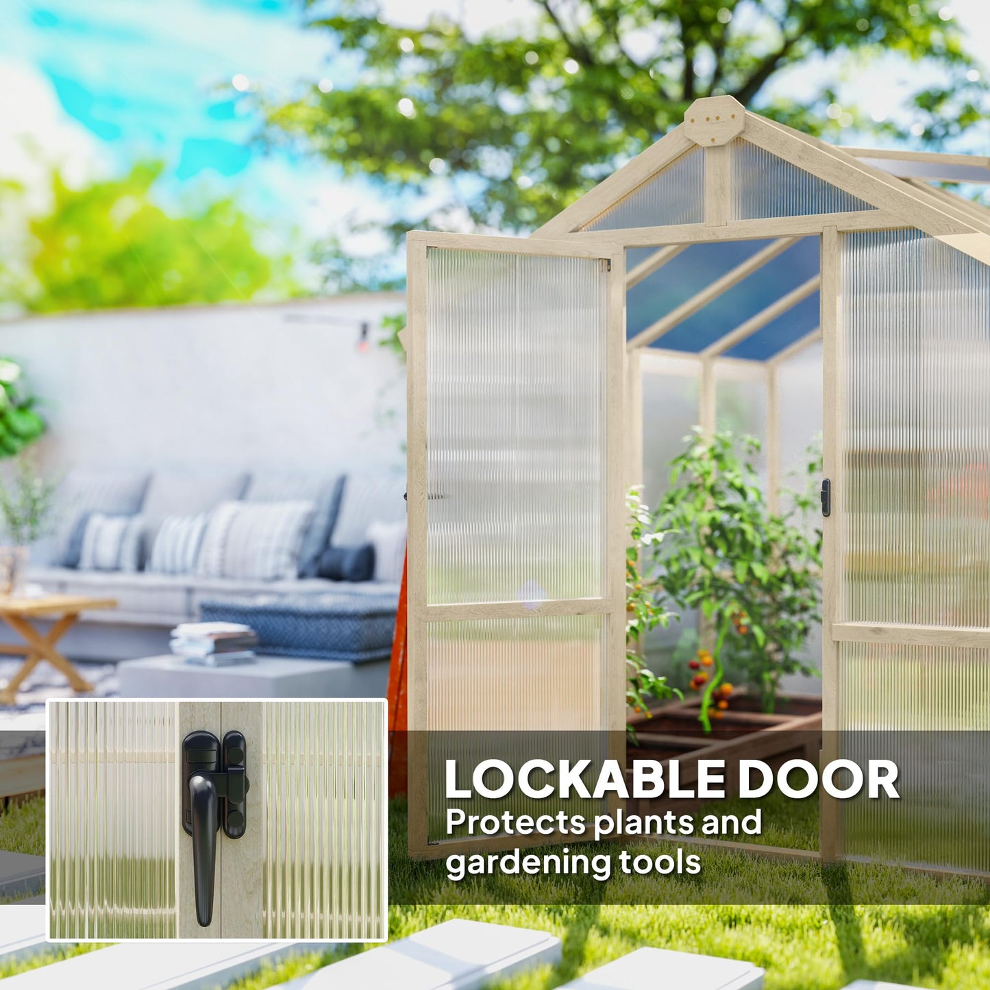 Outsunny 6.6' x 8' Walk-in Polycarbonate Greenhouse with Thickened Panels, Wooden Greenhouse with Lockable Door, Roof Vent for Outdoors, Winter Sunroom for Patio Backyard Garden, Brown