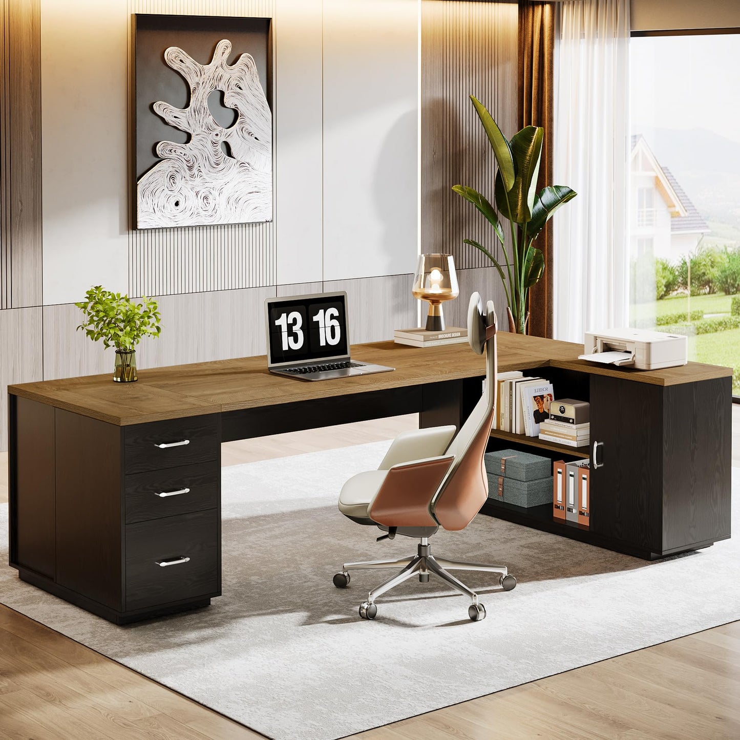 Tribesigns 85.8-Inch L-Shaped Executive Office Desk with File Drawers & Storage Cabinet, Professional Corner Computer Desk Extra Large Business Workstation with Adjustable Shelves (Light Brown&Black)