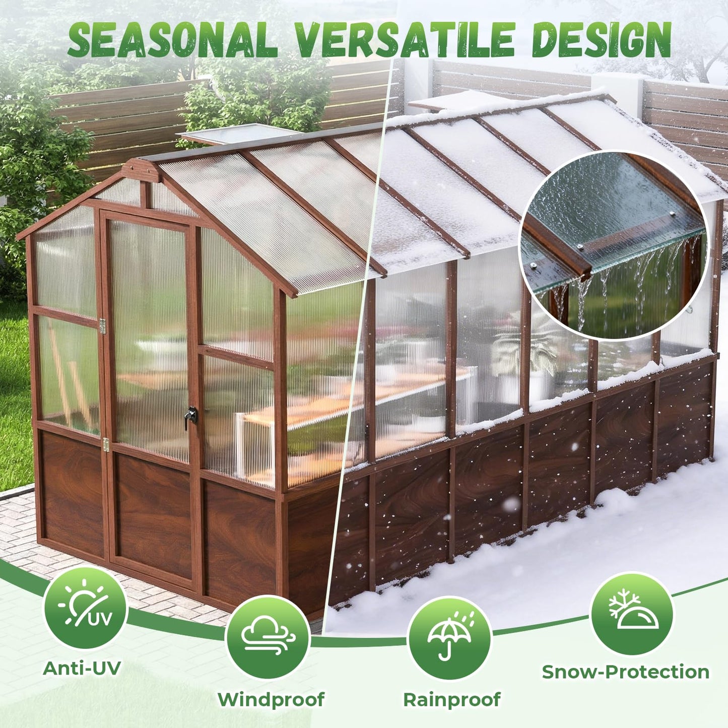 Jocoevol 6x12FT Greenhouse for Outdoors, Wooden Frame Polycarbonate Green House w/ Adjustable Roof Vent and Lockable Door Handle, Walk-in Greenhouses for Outside Garden Backyard