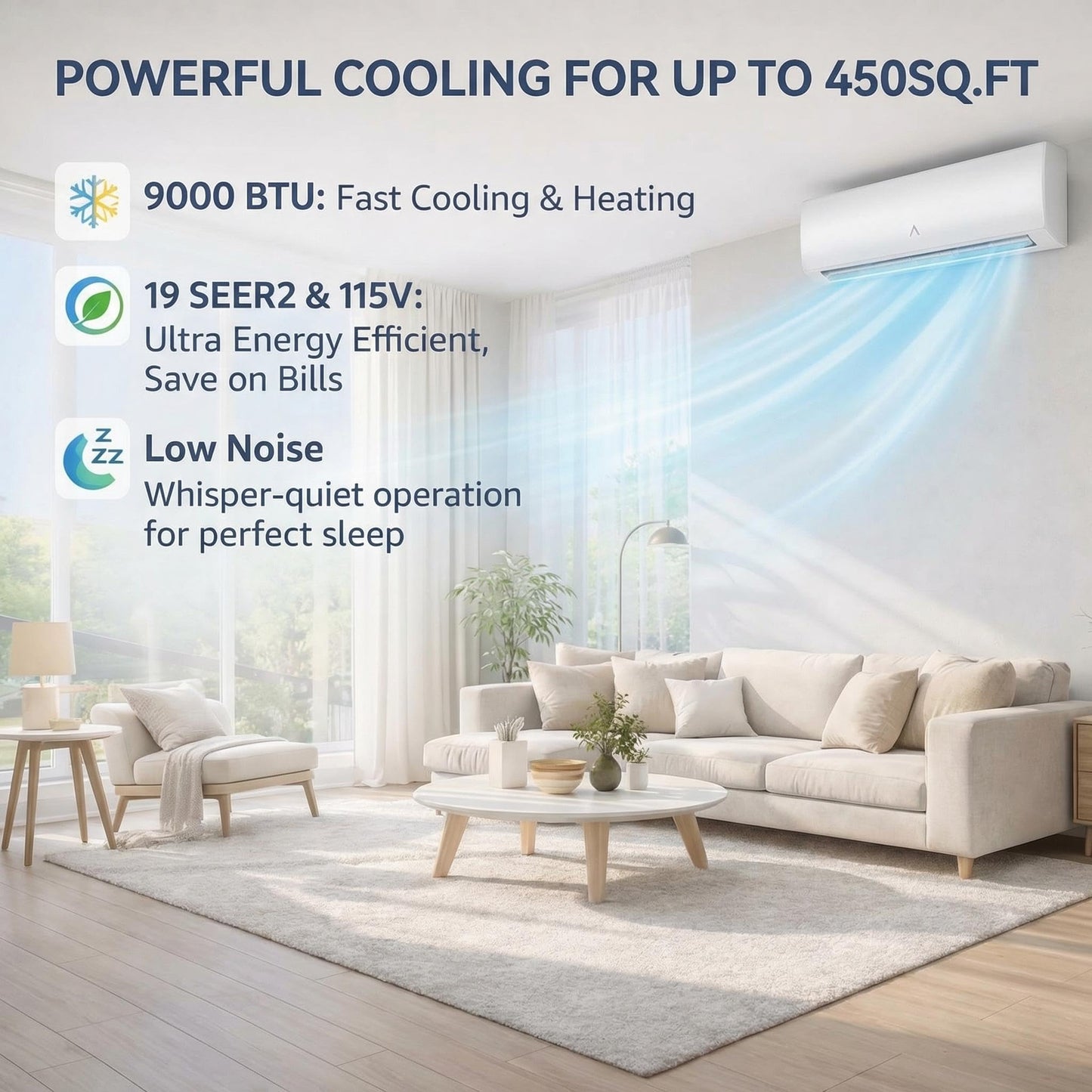 9,000 BTU Mini Split AC/Heating System, Mini Split Air Conditioners, 19 SEER2, Quiet Operation, 115V WIFI Enabled Energy Efficient Mini Split Unit, Installation Kits for Rooms Up to 450 Sq.ft