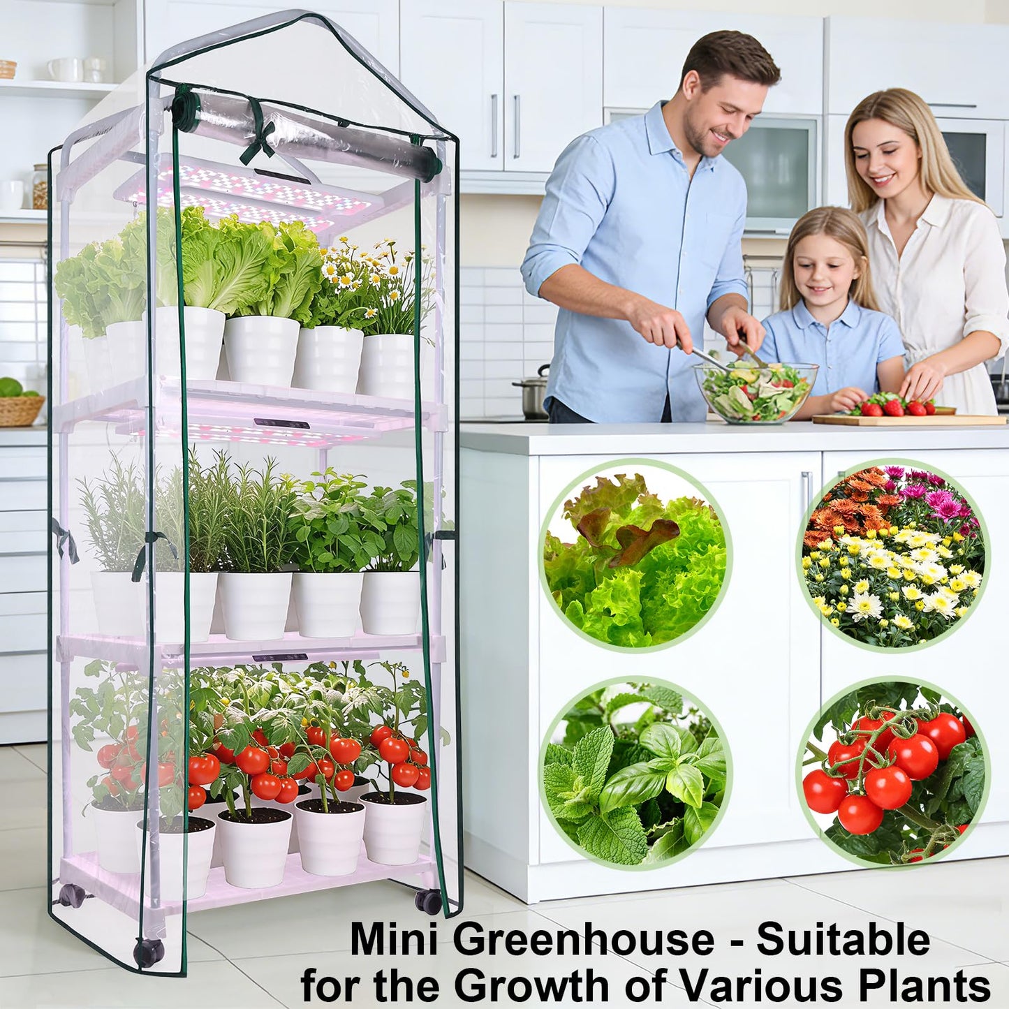 Mini Indoor Greenhouse with Grow Light, 3-Tier Portable Plant Greenhouse Cabinet with Wheels, 36W Full Spectrum LED, Waterproof PVC Tent Cover for Seed Starting, Herbs, Indoor Plants (Clear, 3 Tier)