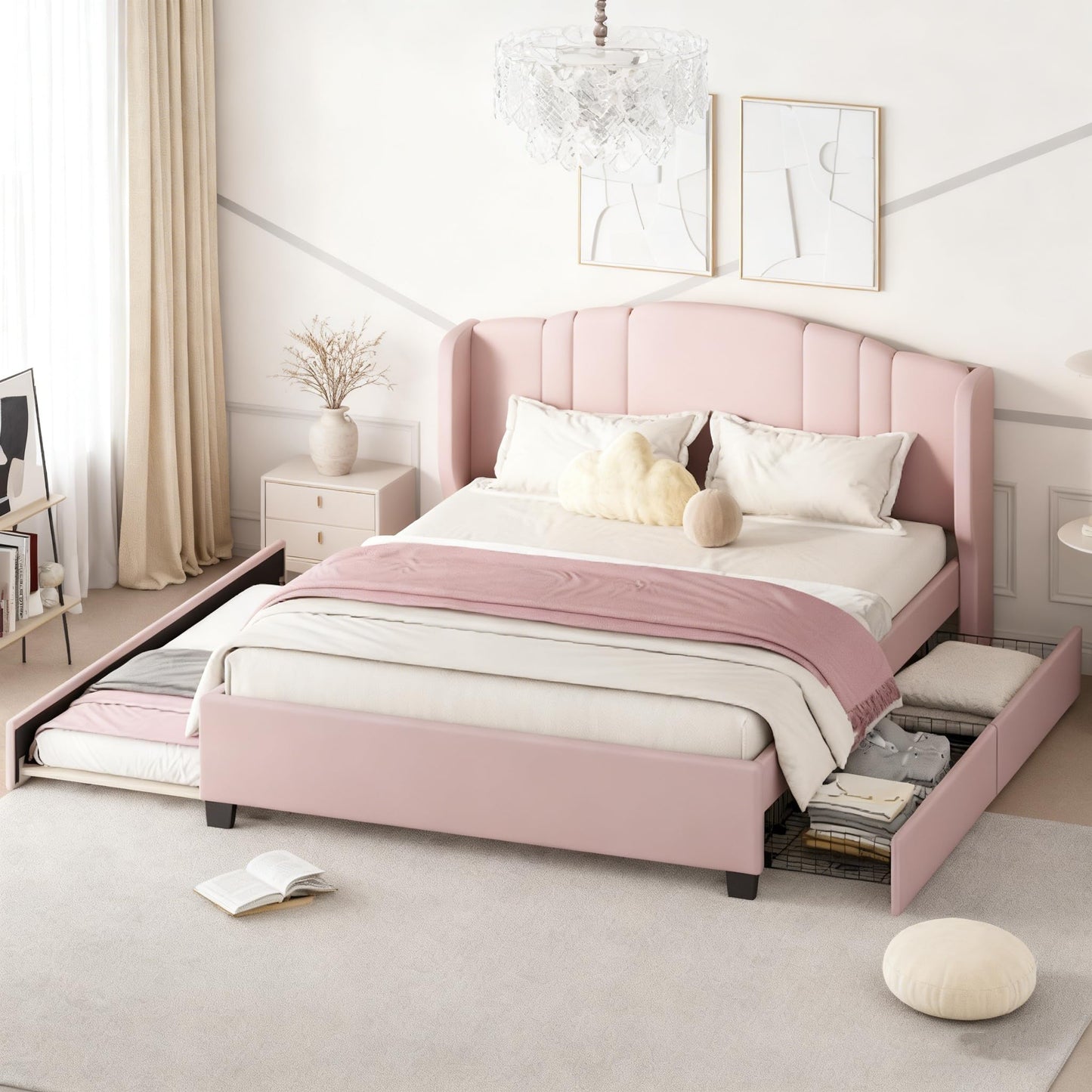 Merax Queen Size Platform Bed Frame with Twin Trundle, Storage 2 Drawers and Upholstered Headboard, No Box Spring Needed