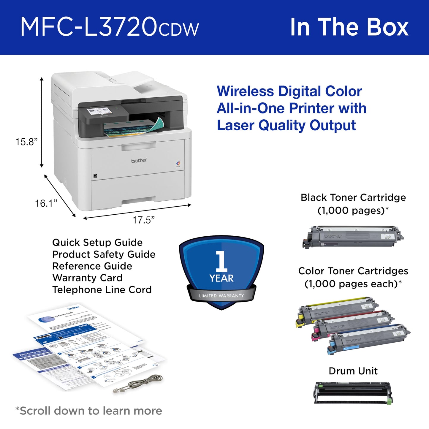 Brother MFC-L3720CDW Wireless Color Laser Printer with Scanner, Copier and Fax | Auto Duplex and 250-Sheet Capacity | Includes Refresh Subscription Trial(1). Amazon Dash Replenishment Ready