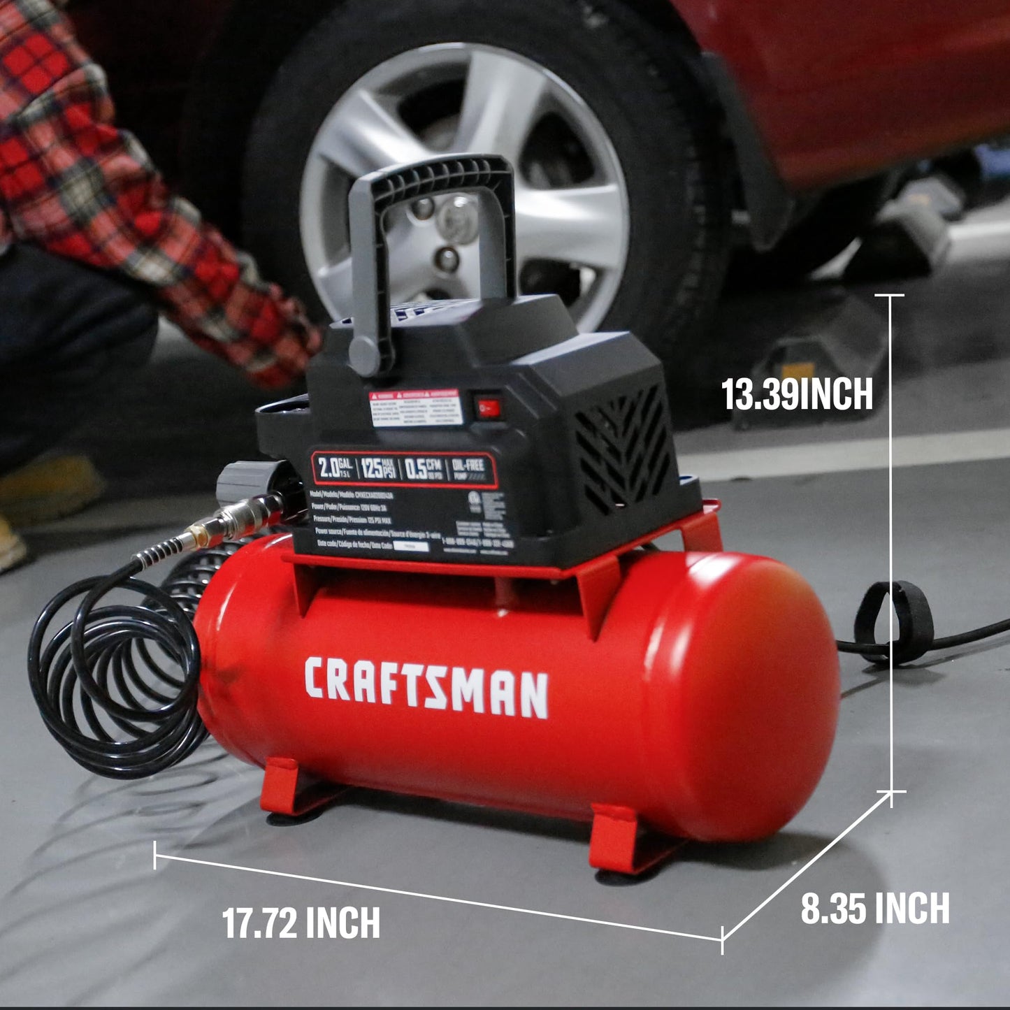 Craftsman 2 Gallon Portable Air Compressor, 1/3 HP 125 PSI Max Oil-Free Air Compressor with 11 Piece Accessory Kit, Compact Hot Dog Tank for Home DIY, Tire Inflation, Nailing, CMXECXA0200243A