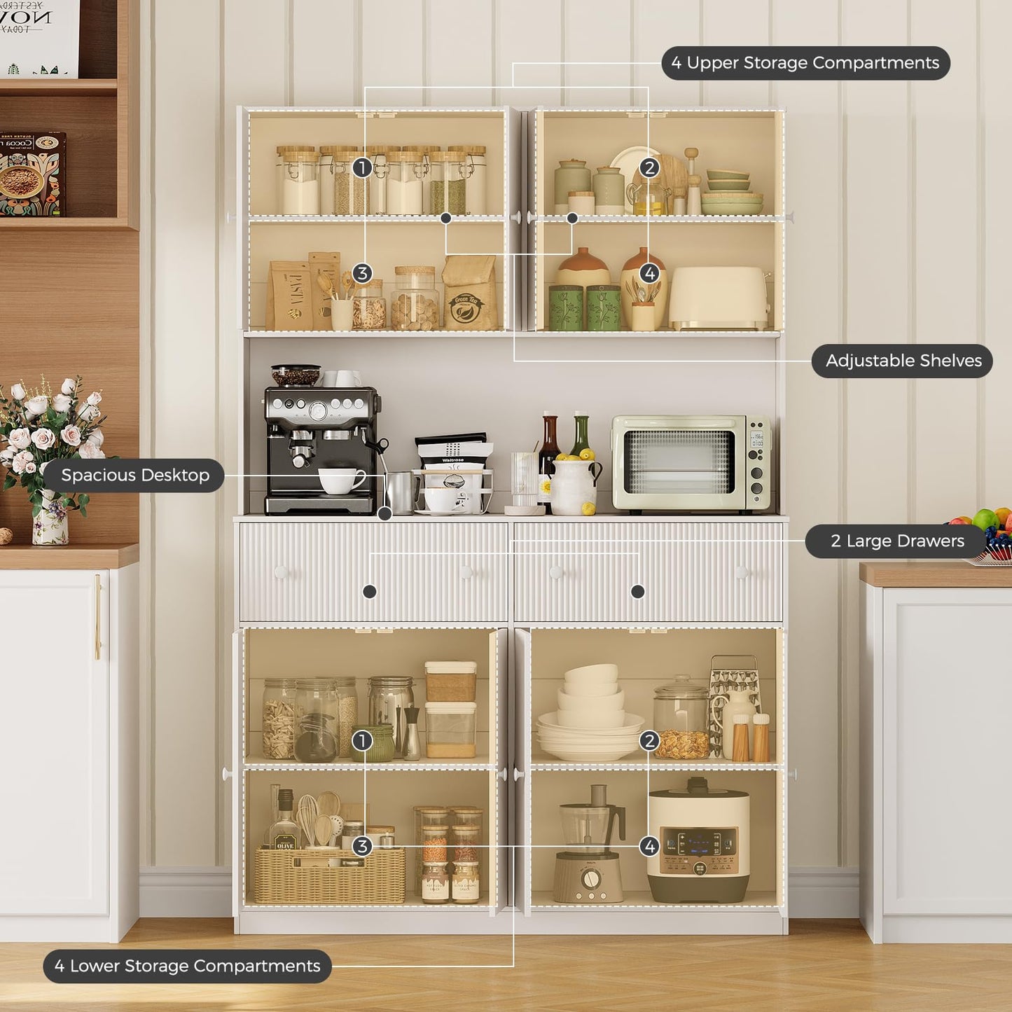 Garvee 47" Fluted Kitchen Pantry Cabinet with Countertop and Charging Station - Tall Pantry Storage Cabinet with 2 Drawers and Adjustable Shelves for Dining Room, Living Room