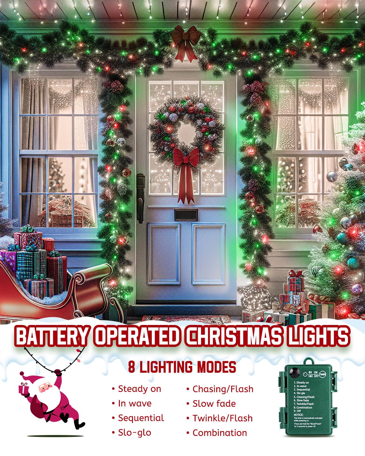 Minetom Christmas Cluster Lights, 120 LED, 10Ft, Battery Operated, Waterproof, 2 Pack, Red Green & White