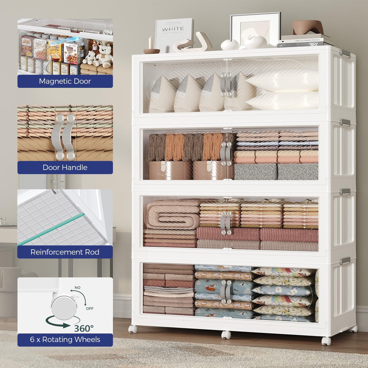 QAVABIN 1280QT Extra Large Stackable Storage Bins with Lid, 320Gal Plastic Closet Organizers and Storage Drawer, Collapsible Cabinet Box with Wheels Clear Doors for Home Kitchen Office, 4Pack White