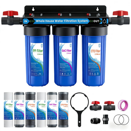 Whole House Water Filter System, Extra 2 Sets Filter, 3 Stage Home Water Filtration System Reduces Chlorine, Sediment, Odor for Healthier Skin, with 2 Valves, 3/4" Ports, for 1-2 Year Use