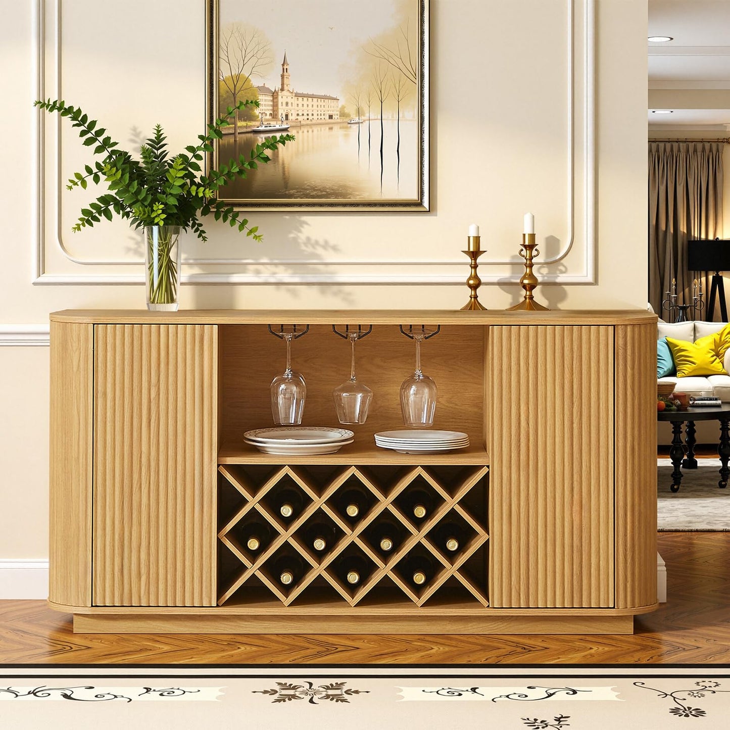 Rovibek 58" Fluted Wine Bar Cabinet with Storage, Modern Buffet Cabinet Sideboard with Wine Rack and Glass Holder, Farmhouse Buffet Sideboard with Adjustable Shelves for Living Room, Kitchen (Natural)