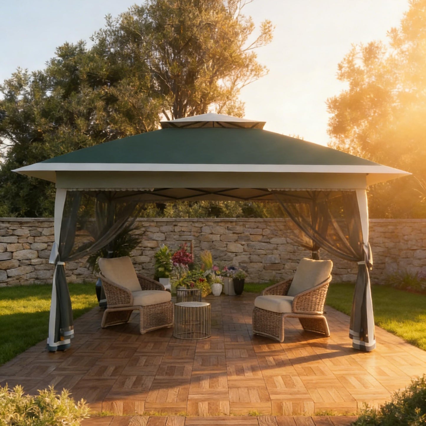 GarveeHome Canopy Tent, Pop Up Gazebo One-Push Setup with 4 SandBags, Outdoor Gazebo with Mosquito Netting, Pop up Canopy for Backyard Parties and BBQs & Height Adjustable,12x12 FT, Green