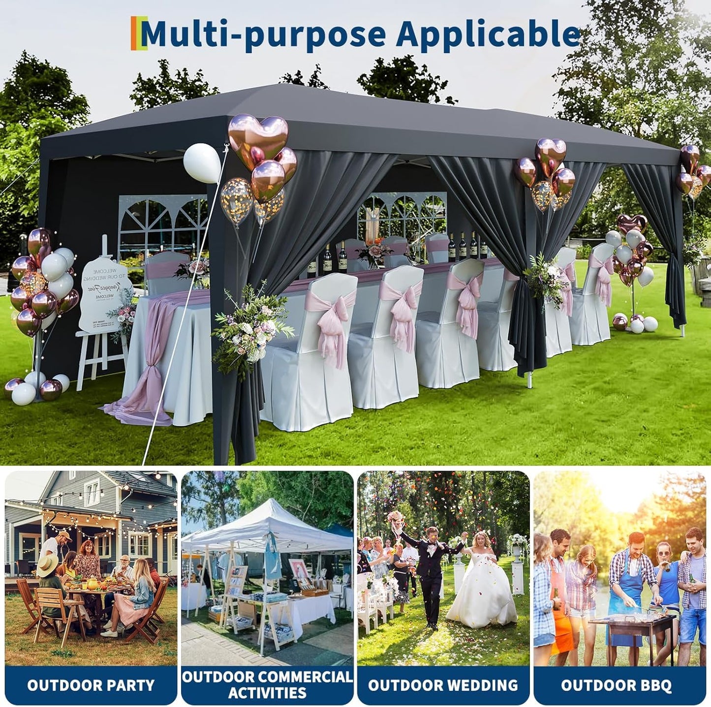 IDEALHOUSE Pop Up Canopy Tent, 10x20 FT Easy Up Outdoor Gazebo with 6 Removable Sidewalls, 3 Adjustable Heights, Portable Party Tent for Backyard, Events, Patio, Parking