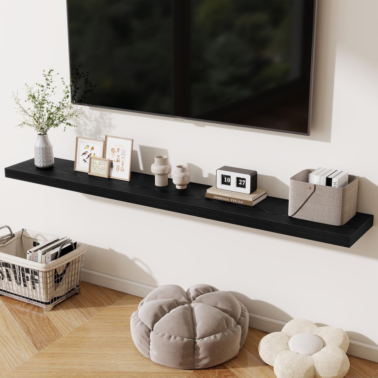 Fun Memories 72 Inch Fireplace Mantel Shelf, 10 Inch Deep Shelves for Display & Wall Storage, Rustic Wood Wall Shelf, Extra Long Floating Shelves for Living Room Laundry Room, Black, Set of 2