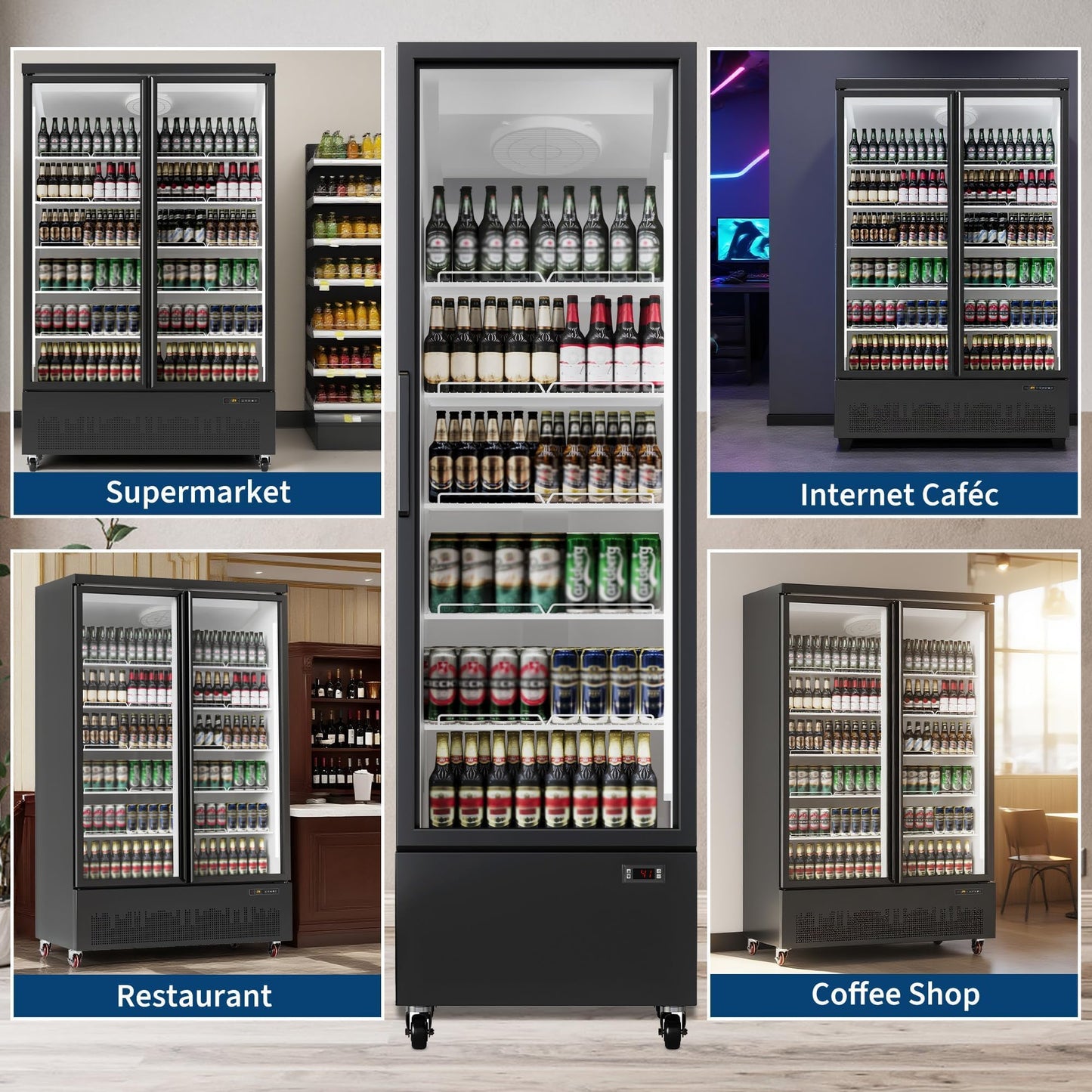 Commercial Merchandiser Refrigerator 17.7 Cu.ft Beverage Cooler, Glass Door Display Fridge with 5 Adjustable Shelves, Large Capacity Bar Fridge for Restaurant, Store, Upright Freezer for Home, Black