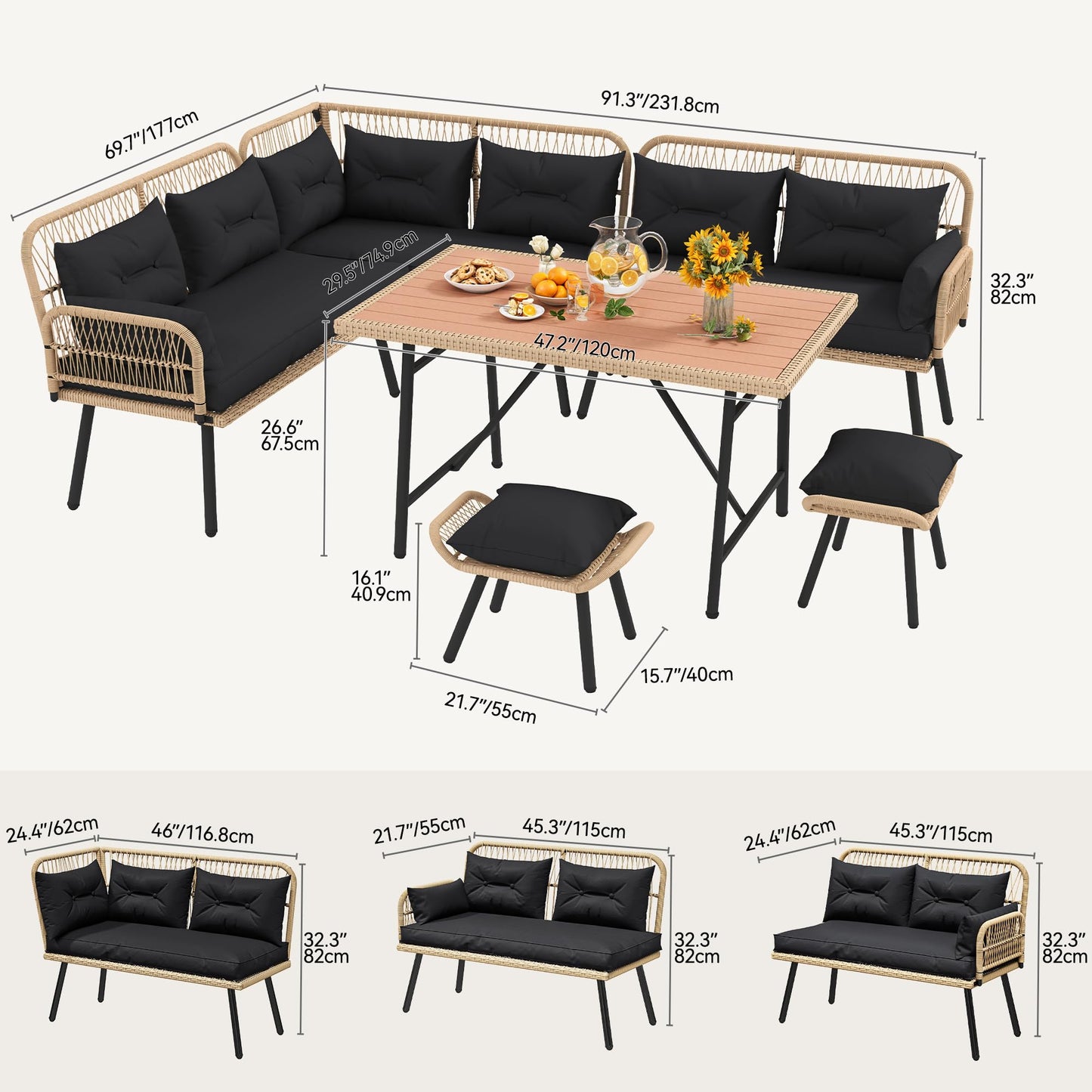 DWVO 9-Piece Patio Furniture Set Couch L Shape Outdoor Couch with Soft Cushions, Ottomans & Dining Table All-Weather Rattan Patio Conversation Set Outdoor Patio Sectional for Backyard Garden