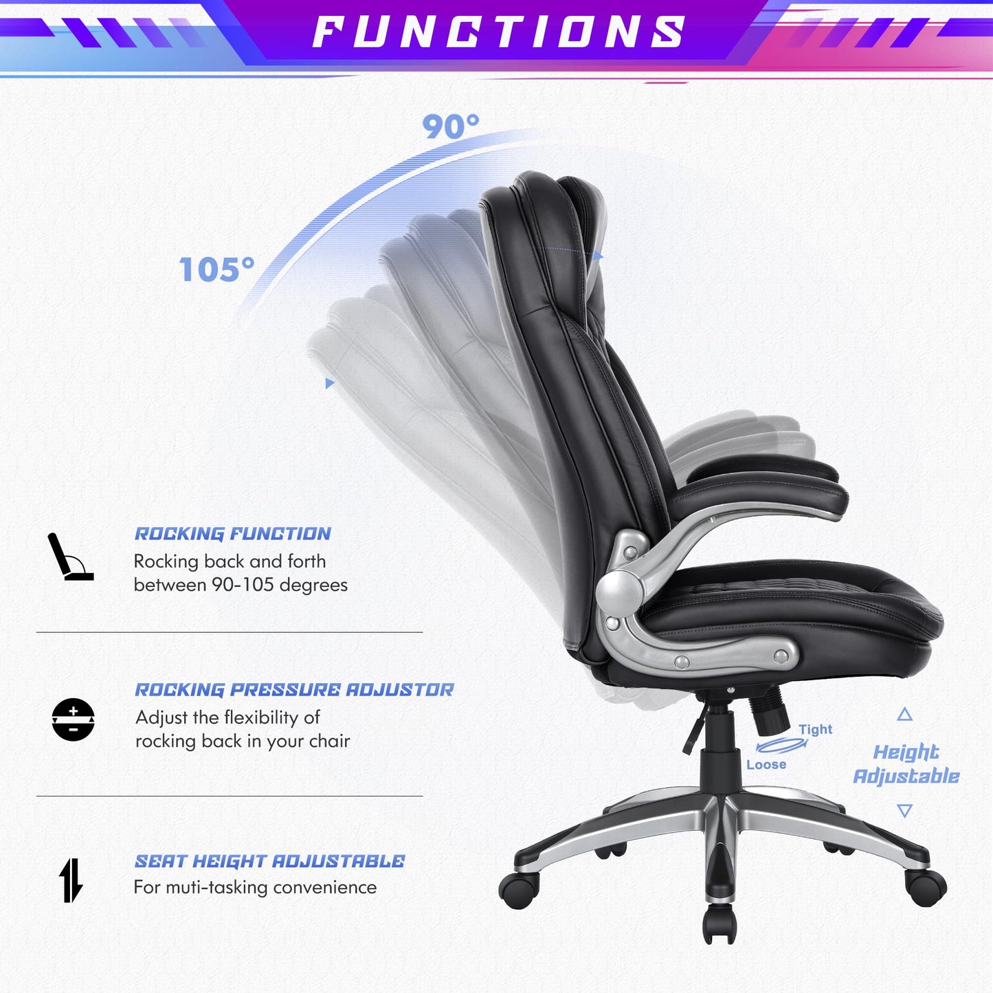 COLAMY Executive Office Chair, Bonded Leather Desk Chair with Flip-Up Arms, Lumbar Support, Ergonomic Tilt & Tension Control for Home Office