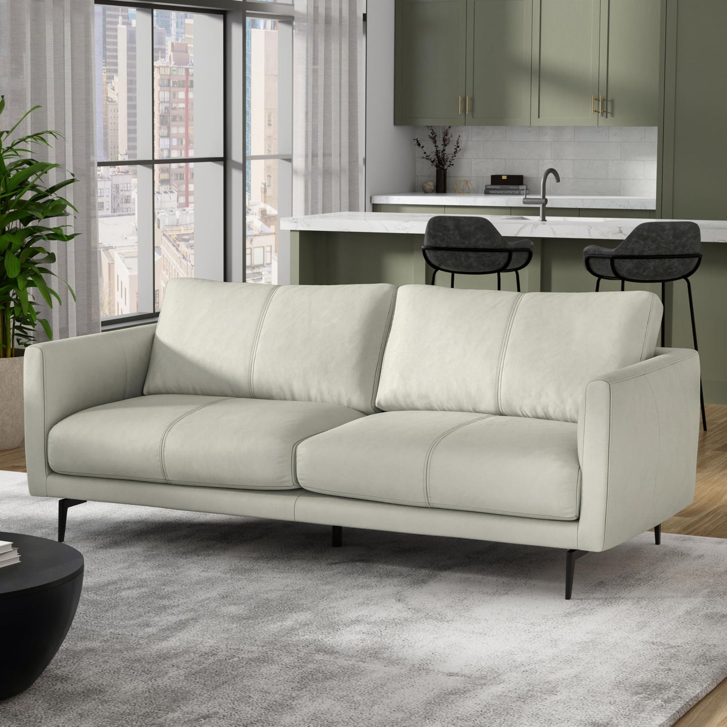 SIMPLIHOME Stevens Sofa in Genuine Light Smoke Grey Leather, 81-inch Wide, Solid Wood Frame, Modern 3-Seater Couch for Living Room