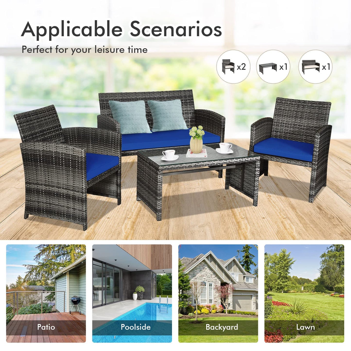 Goplus 4-Piece Rattan Patio Furniture Set, Outdoor Wicker Conversation Sofa with Weather Resistant Cushions and Tempered Glass Tabletop for Lawn Backyard Pool Garden (Blue)