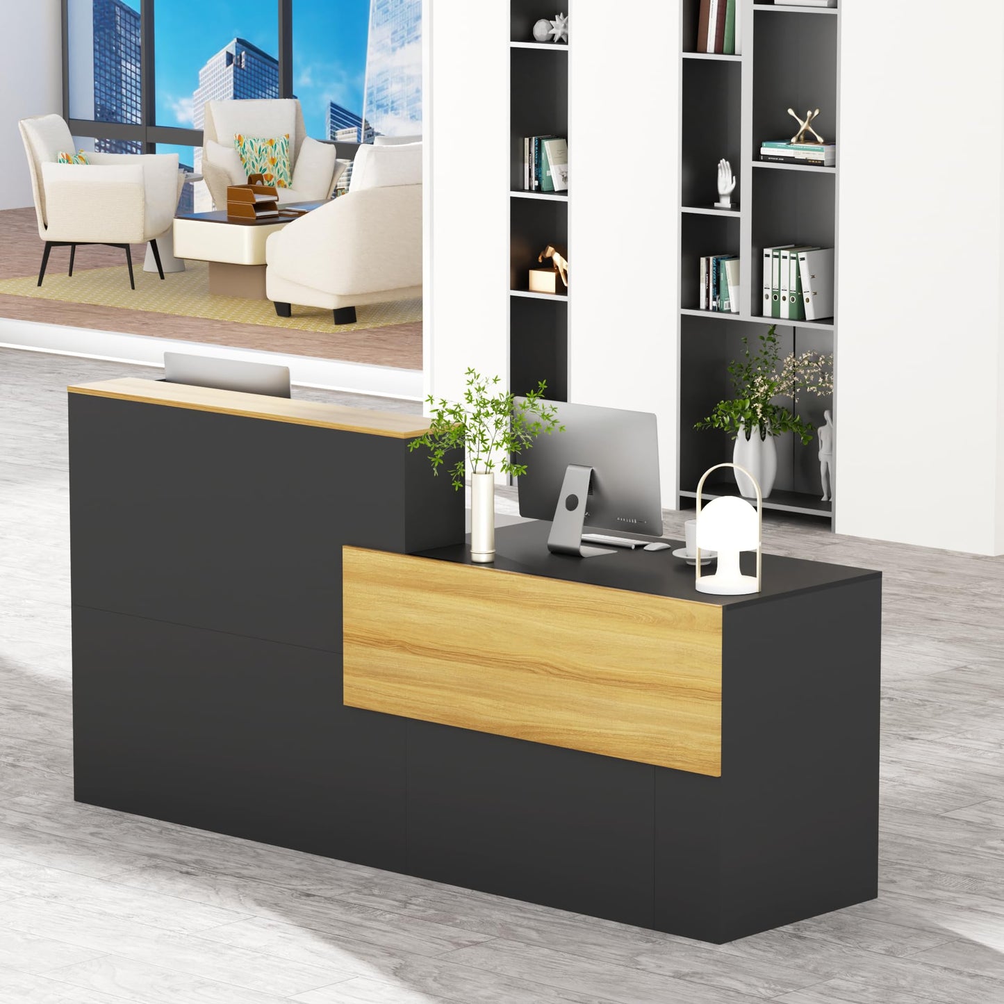 Reception Desk with Counter with Storage Shelves Modern Front Desk Large Wooden Commercial Reception Counter for Checkout, Lobby, Beauty Salon,Office,Black