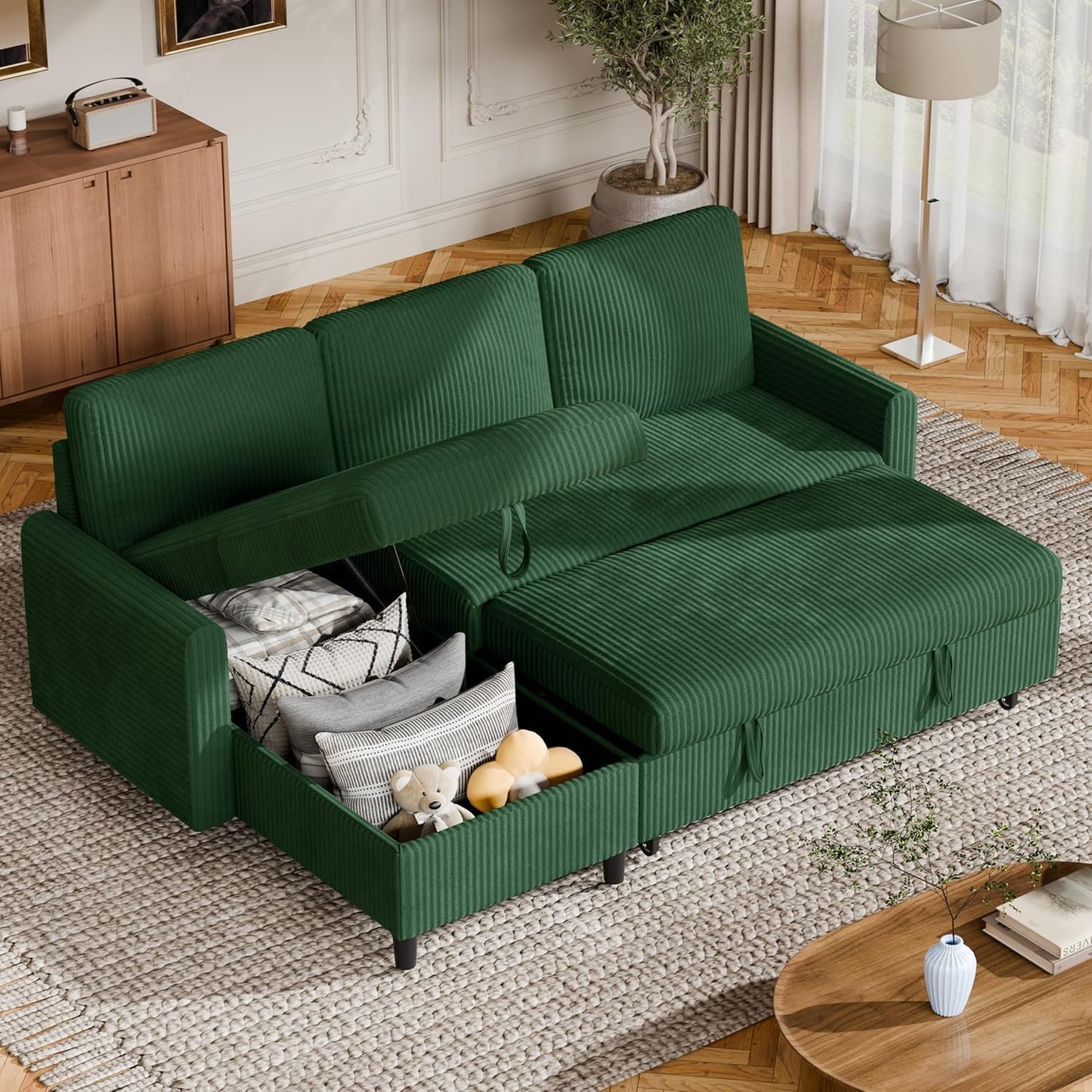 Shintenchi Futon Sofa Bed Convertible Couches L Shaped, 4‑in‑1 Sectional Sleeper Sofa Pull Out Couches for Living Room, Multifunctional Couch with Storage Chaise Corduroy Fabric, Green