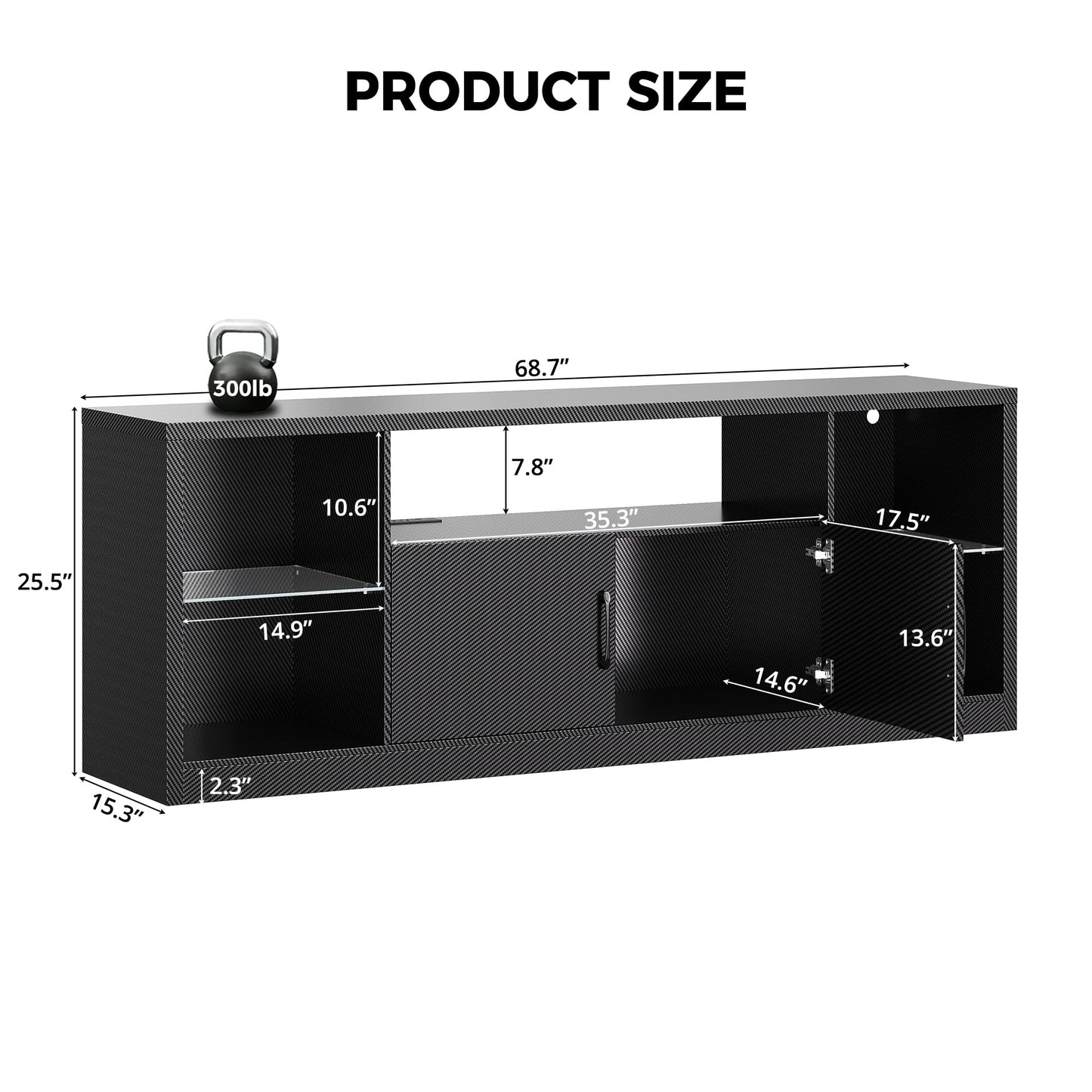 IRONCK TV Stand for TVs 80 inch with Power Outlet and LED Lights, Carbon Fiber Entertainment Center with Storage Cabinets, Adjustable Glass Shelves, Modern TV Stands for Living Room, Black