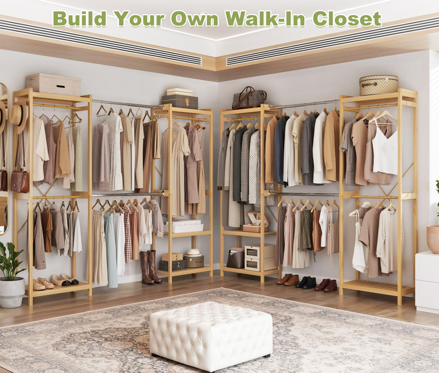 Homykic Bamboo Closet System, 74"-88" Expandable Clothing Rack with 5 Hanger Rods & Shelves, 6.6ft Tall Garment Rack Organizer for Walk-in Closet Bedroom, Max Load 850LBS, Easy to Assemble