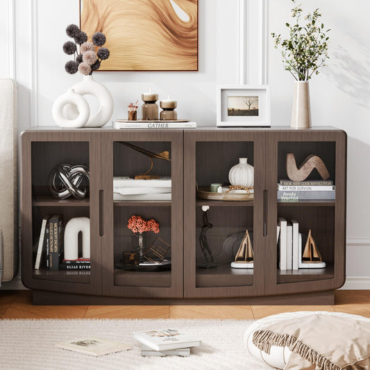 Trygoal 55" Walnut 4 Glass Door Sideboard Credenza, Modern Storage Buffet with Shelves, Multi-Use Coffee Bar Console for Kitchen Living Room Entryway