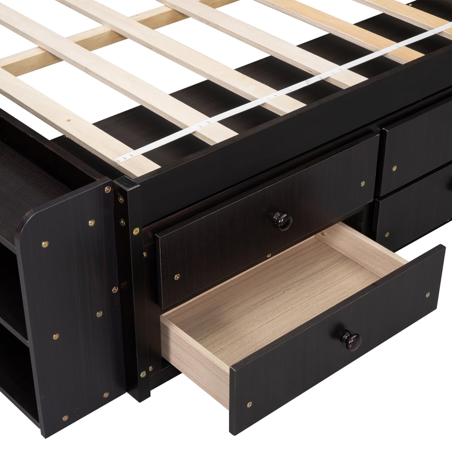 KEIKI Full Size Storage Bed Frame with Bookcase Headboard, 6 Underbed Drawers and Bed End Storage Case, Wooden Platform Bed with Shelves and Storage Cabinet for Small Bedrooms, Espresso