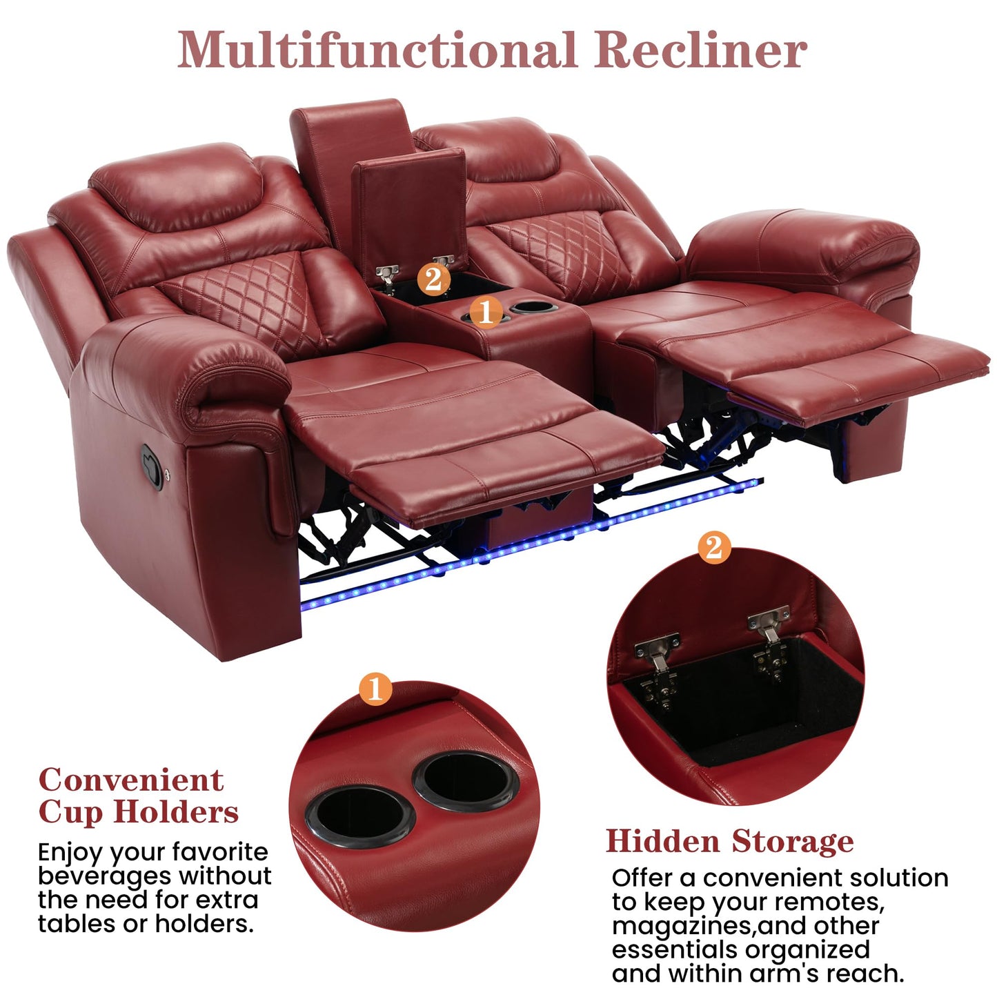 Ball & Cast 73" Home Theater Seating Manual Recliner Loveseat with LED Light Strip,Luxury Leather Couch W/Cup Holder & Hiden Storage,Lazy Adjustable Chair for LivingRoom Movie Night Enjoyment,WindRed