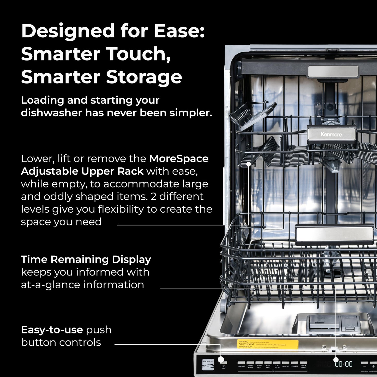 Kenmore 24" Built-In Dishwasher - Quiet Tub with TurboDry, Leak, & SmartWash Soil Detection - 15 Place Settings - 49 DBA - ENERGY STAR Certified - Fingerprint Resistant Stainless Steel