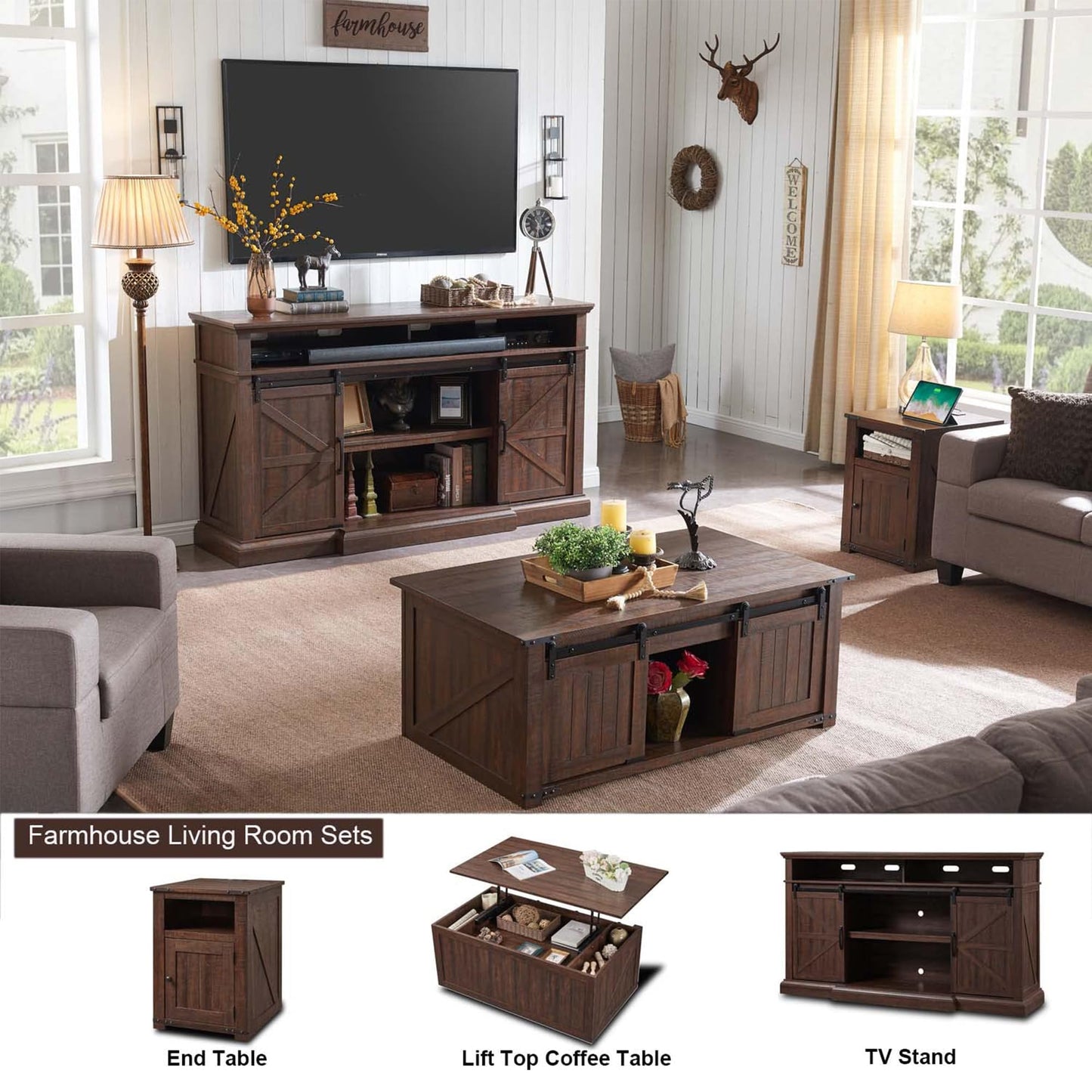 Farmhouse TV Stand for 80 Inch TVs, 37.4"Tall Entertainment Center w/Storage Cabinets and Sliding Barn Door, Media Console Cabinet w/Soundbar & Adjustable Shelves for Living Room, 70 inch (Brown)