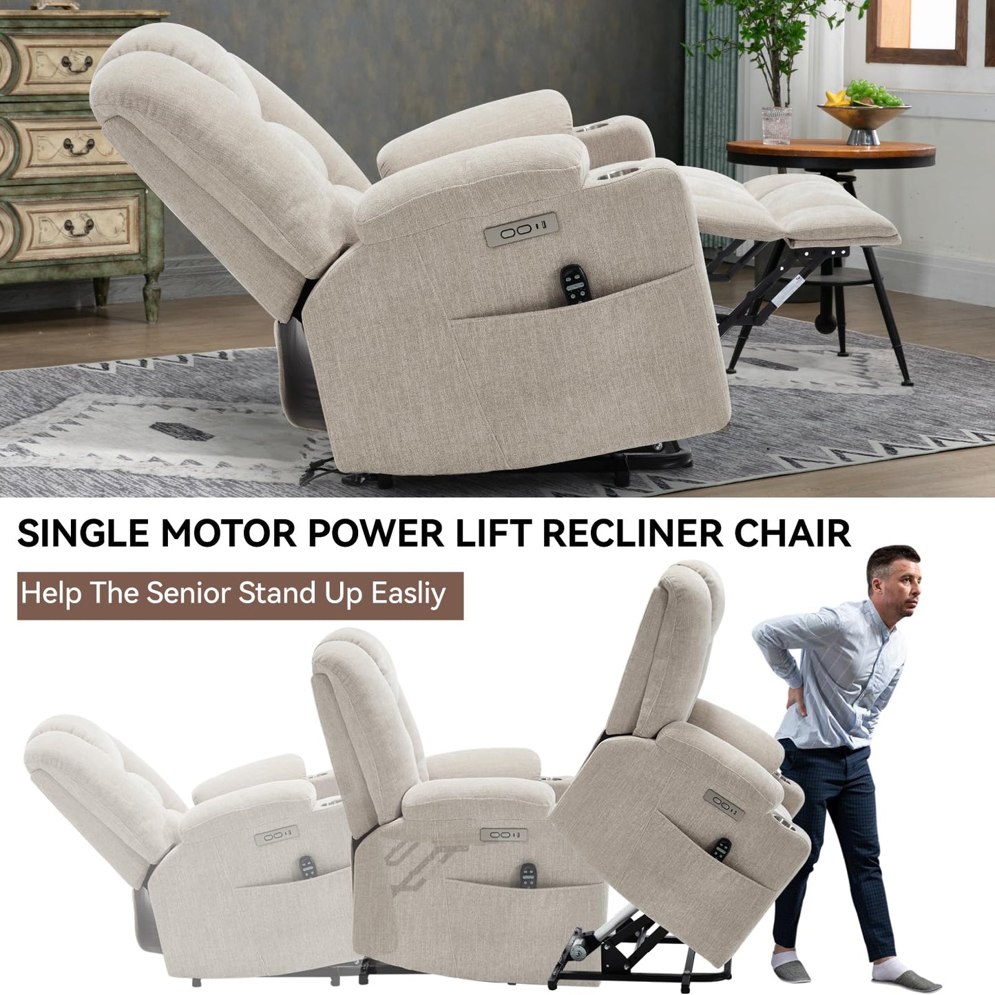 KEIKI Oversized Power Lift Recliner Chair with Heat & Massage, Reding Rocking Chair for Adults, High Seat Comfy Chenille Recliner with Side Pockets, USB Port, Cup Holders & Lumbar Support, Beige