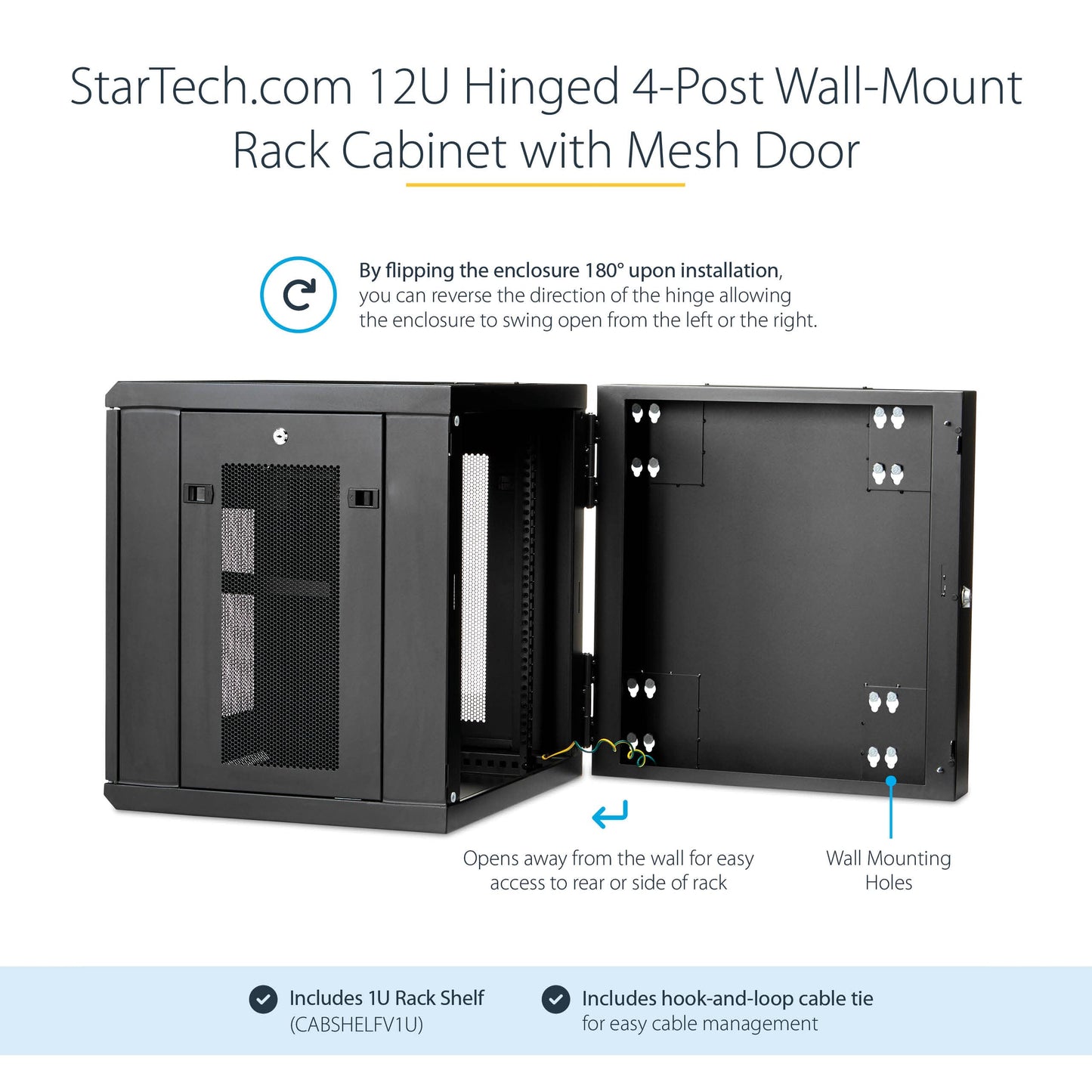 StarTech.com 4-Post 12U Wall Mount Network Cabinet with 1U Shelf, 19in Wall-Mounted Server Rack Kit, Up to 20in Mounting Depth, Ships Fully Assembled, Black